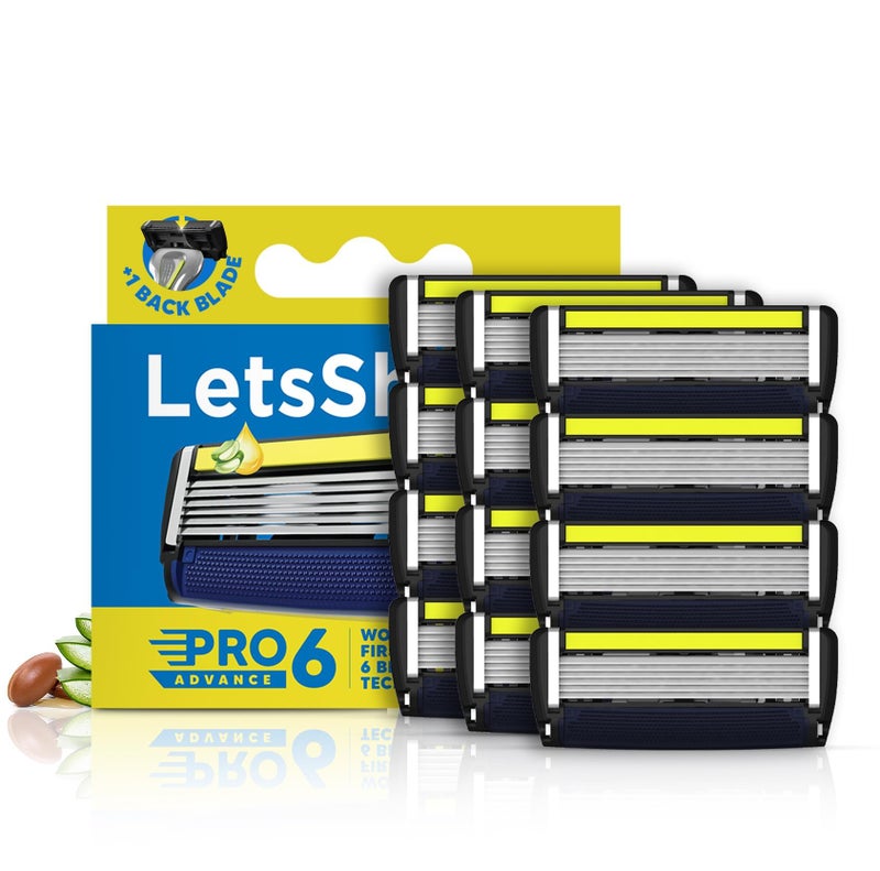 LetsShave Pro 6 Advance Manual Shaving Razor Blades Refills (Cartridge), Pack of 10 + 2 Free, World's First 6-Blade & Precison Back Blade with Argan Oil & Aloe Vera Infused Moisture Bar, Blades for Men - Image 1