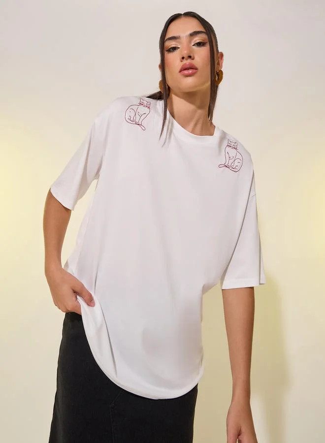 Take Two Embroidered Detail Round Neck Oversized T-Shirt