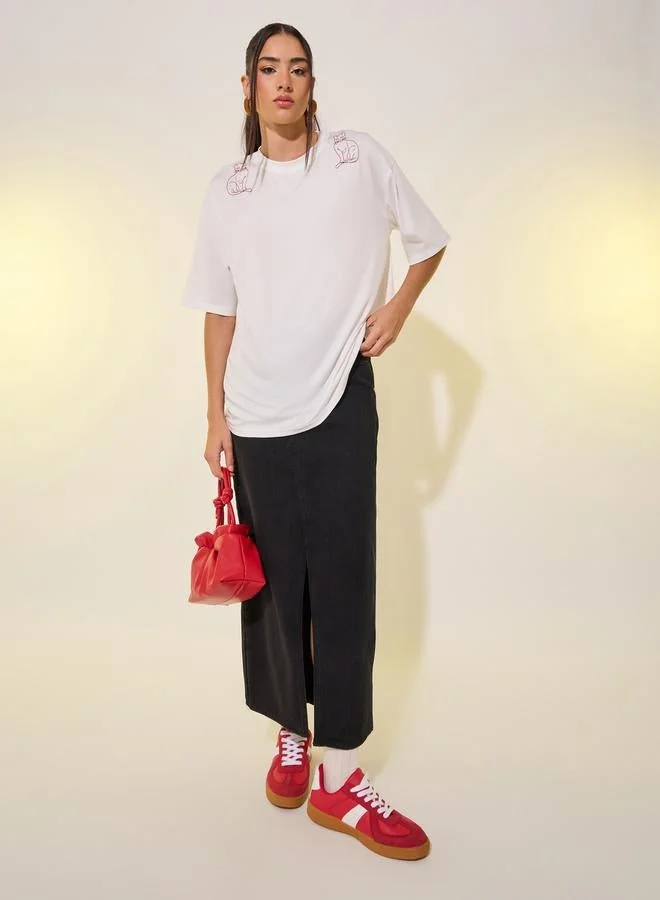 Take Two Embroidered Detail Round Neck Oversized T-Shirt