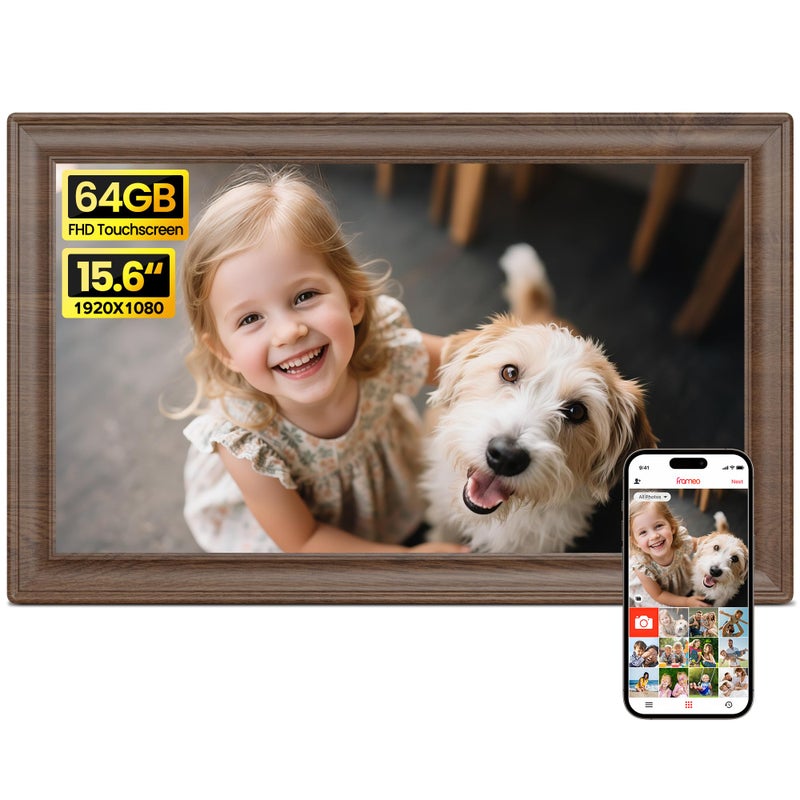 BIGASUO 64GB 15.6" Frameo Digital Picture Frame WiFi, Large Electronic Photo Frames Wood 1920 x 1080 IPS FHD Touch Screen, Send Photos from Your Phone from Anywhere, Best Gifts for Family and Friends - Image 1