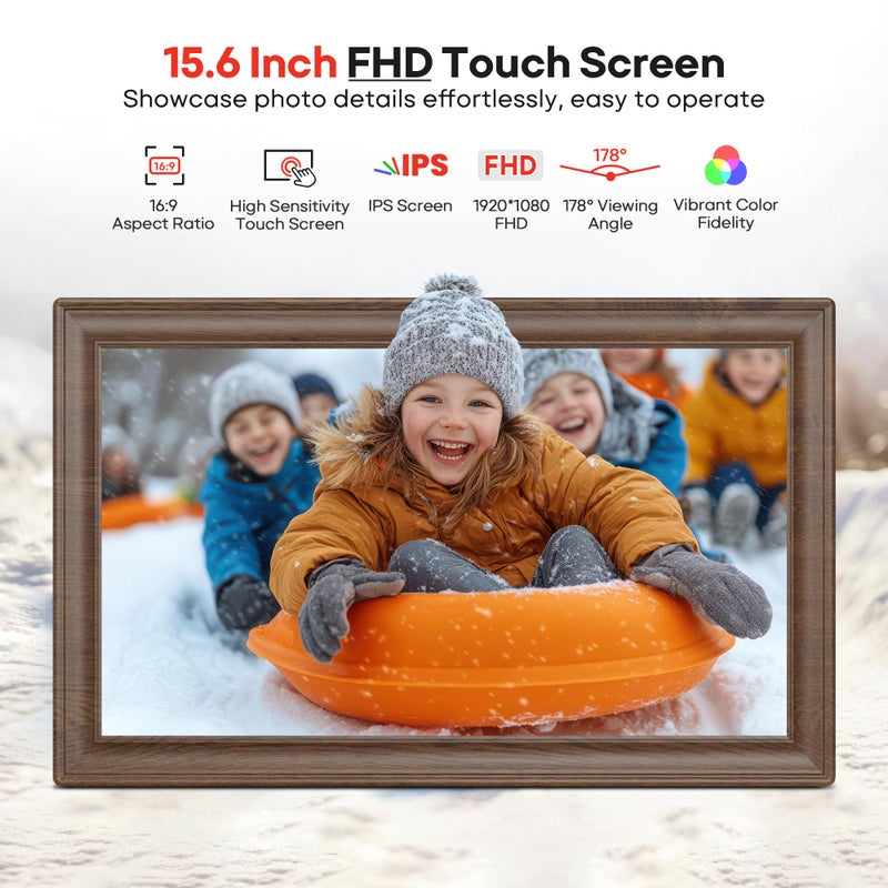 BIGASUO 64GB 15.6" Frameo Digital Picture Frame WiFi, Large Electronic Photo Frames Wood 1920 x 1080 IPS FHD Touch Screen, Send Photos from Your Phone from Anywhere, Best Gifts for Family and Friends - Image 4