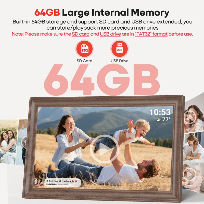 BIGASUO 64GB 15.6" Frameo Digital Picture Frame WiFi, Large Electronic Photo Frames Wood 1920 x 1080 IPS FHD Touch Screen, Send Photos from Your Phone from Anywhere, Best Gifts for Family and Friends - Image 3