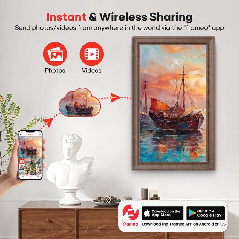 BIGASUO 64GB 15.6" Frameo Digital Picture Frame WiFi, Large Electronic Photo Frames Wood 1920 x 1080 IPS FHD Touch Screen, Send Photos from Your Phone from Anywhere, Best Gifts for Family and Friends - Image 2