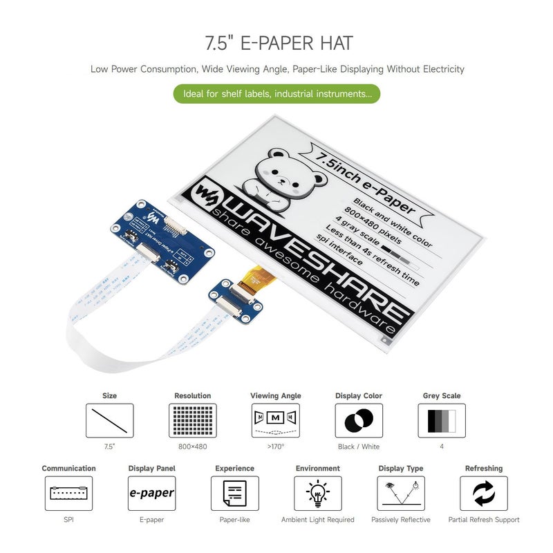 Waveshare 7.5inch E-Ink Display HAT Compatible with Raspberry Pi 5/4B/3B/Zero/Zero W/Zero 2W/Pico/Pico W/Pico WH, 800Ã—480 Resolution SPI Interface - Image 3