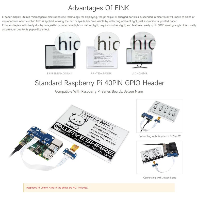 Waveshare 7.5inch E-Ink Display HAT Compatible with Raspberry Pi 5/4B/3B/Zero/Zero W/Zero 2W/Pico/Pico W/Pico WH, 800Ã—480 Resolution SPI Interface - Image 5