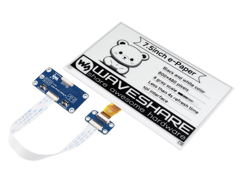 Waveshare 7.5inch E-Ink Display HAT Compatible with Raspberry Pi 5/4B/3B/Zero/Zero W/Zero 2W/Pico/Pico W/Pico WH, 800Ã—480 Resolution SPI Interface - Image 1