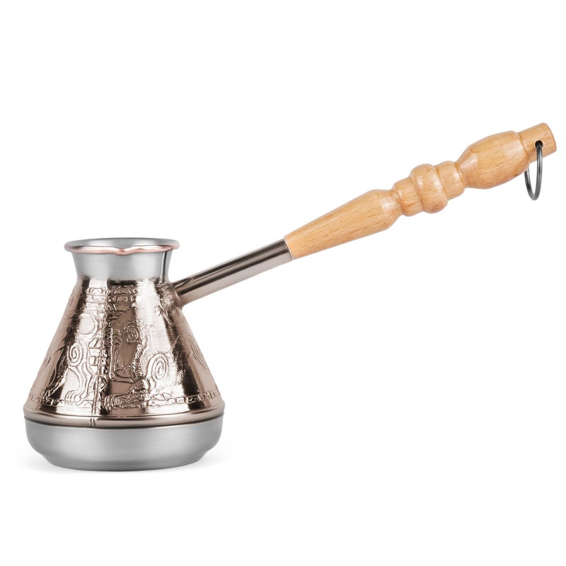 Stanitsa, LLC Turkish Cezve 14 Fl Oz 400 ML Leopard Copper Cezve Large Turka Turkish Coffee Pot Greek Arabic Coffee Pot with Wooden Handle Jezve Maker 