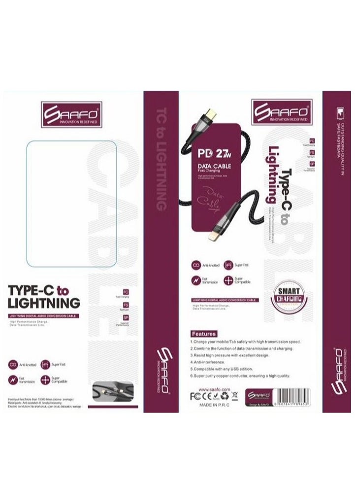 SAAFO - Saafo Series USB C to Lightning Cable 20W PD Fast Charging Data Transfer Type-C Head for Apple iPhone 13 12 11 Pro Max Mini XS X 8 7 6 5 SE iPad and More (1m) Black - Image 1
