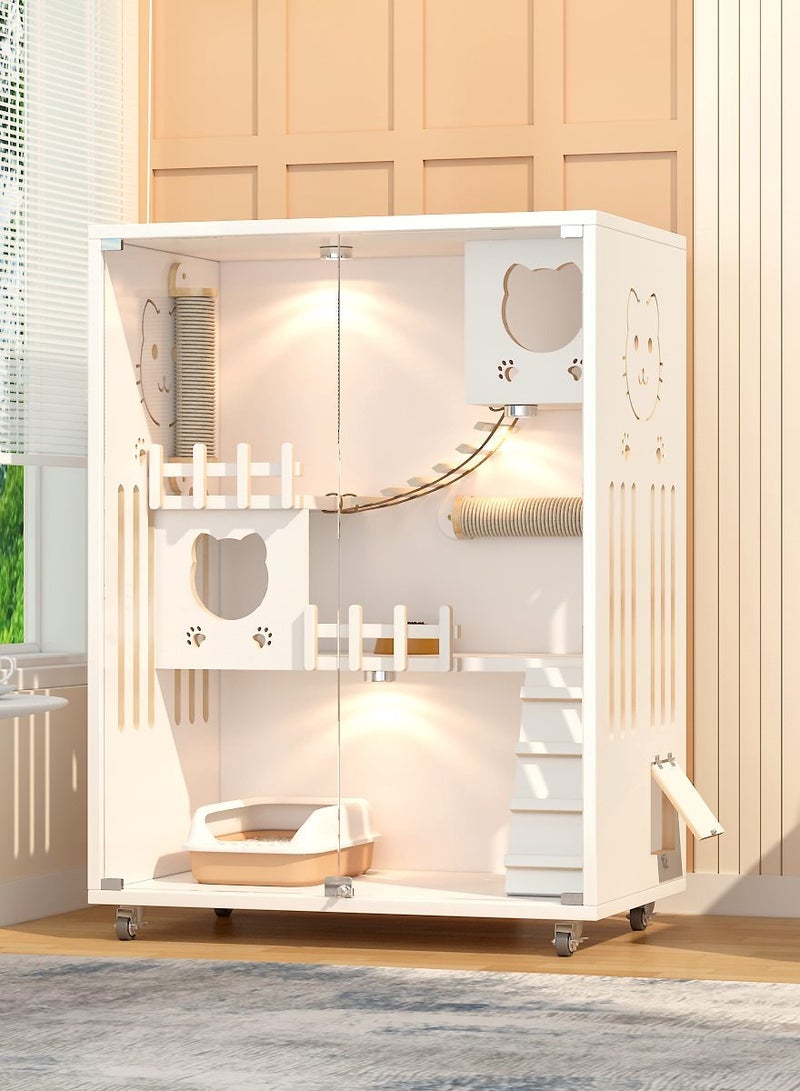 Sunshinee Sunshine Luxury Wooden Cat Villa in Pearl White - D - with Glass Front Door, Small Side Door, Wheels for Easy Movement and 2 Indoor Scratchers 90*60*125 cm - Image 1