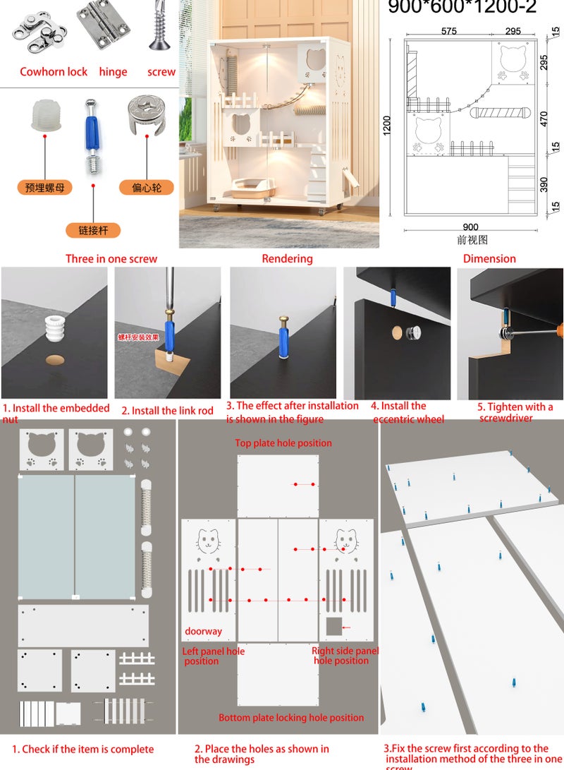 Sunshinee Sunshine Luxury Wooden Cat Villa in Pearl White - D - with Glass Front Door, Small Side Door, Wheels for Easy Movement and 2 Indoor Scratchers 90*60*125 cm - Image 3