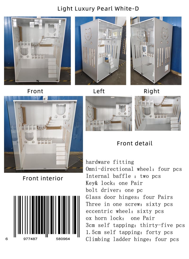 Sunshinee Sunshine Luxury Wooden Cat Villa in Pearl White - D - with Glass Front Door, Small Side Door, Wheels for Easy Movement and 2 Indoor Scratchers 90*60*125 cm - Image 2