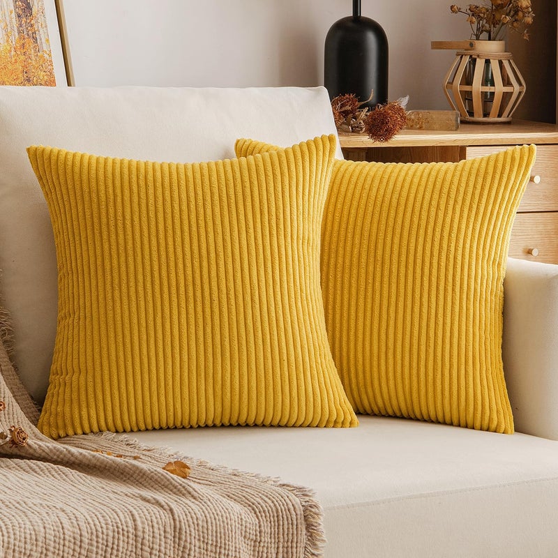 EMEMA Cushion Cover Corduroy Decorative Cushion Cover Sofa Cushion 50 x 50 cm Cord Cushion Cover Decorative Soft Decorative Cushion Covers for Sofa Armchair Home Bedroom Straw Yellow - Image 1