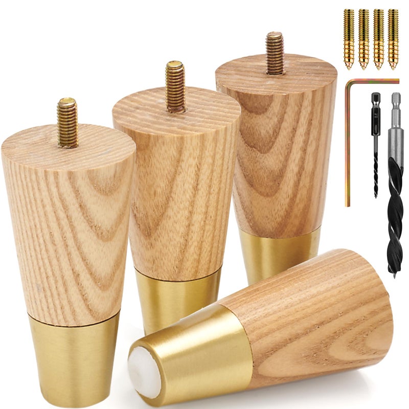 Airy Abode Premium Ash Wood Furniture Legs with Gold Caps Full Install Kit  Pick Your Size and Color