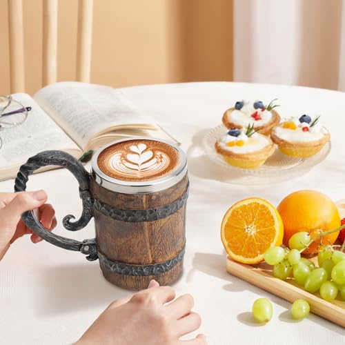 VORAGA Handmade Wooden Barrel Beer Mug, Bucket Shaped Drinkware with Handle, Stainless Steel Double Wall Cocktail Mug for Bar Restaurant, Vintage Bar Accessories (18 oz) - Image 4