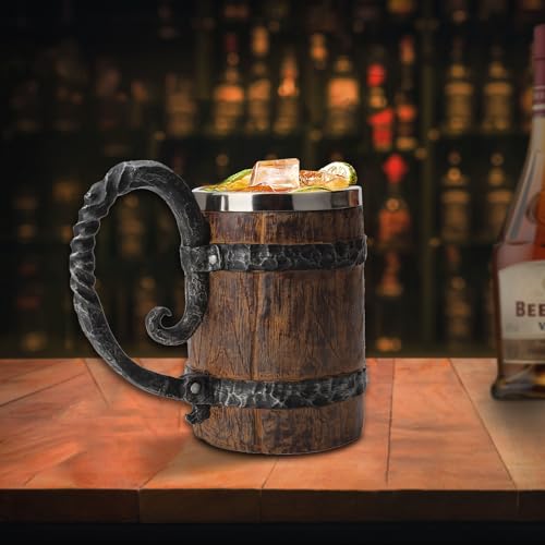 VORAGA Handmade Wooden Barrel Beer Mug, Bucket Shaped Drinkware with Handle, Stainless Steel Double Wall Cocktail Mug for Bar Restaurant, Vintage Bar Accessories (18 oz) - Image 3