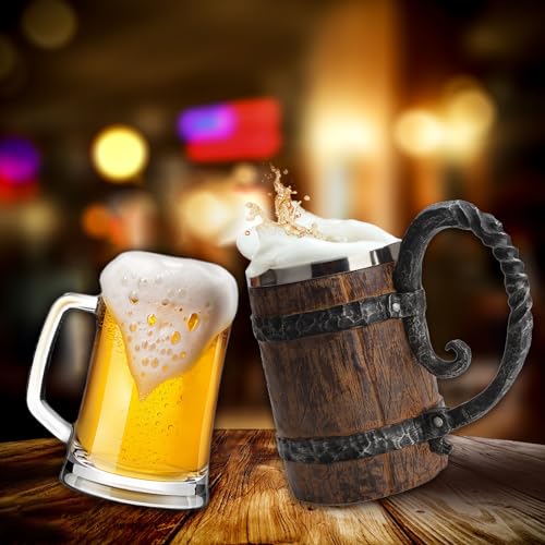 VORAGA Handmade Wooden Barrel Beer Mug, Bucket Shaped Drinkware with Handle, Stainless Steel Double Wall Cocktail Mug for Bar Restaurant, Vintage Bar Accessories (18 oz) - Image 2