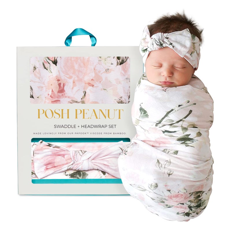 Posh Peanut Swaddle Blanket & Headband Set â€“ Viscose from Bamboo Stretchy Baby Swaddle for Newborn Girls, Receiving Blanket or Nursing Cover - Image 1