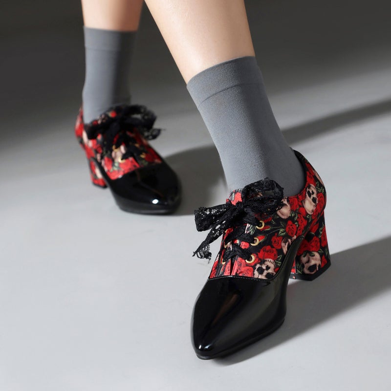 2024 Spring New High Heeled Ribbon 40-46 Thick Heeled One Lace Printed Single Shoes For Women - Image 5