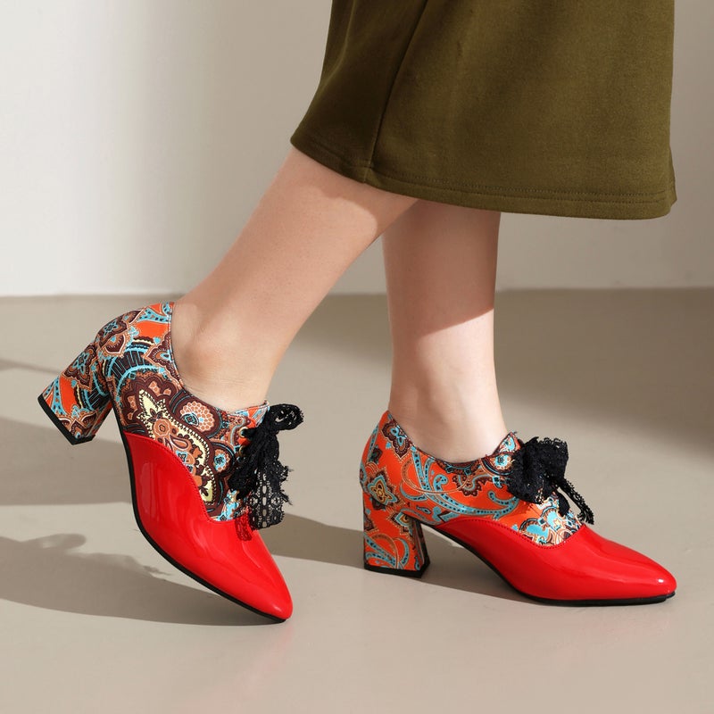 2024 Spring New High Heeled Ribbon 40-46 Thick Heeled One Lace Printed Single Shoes For Women - Image 4