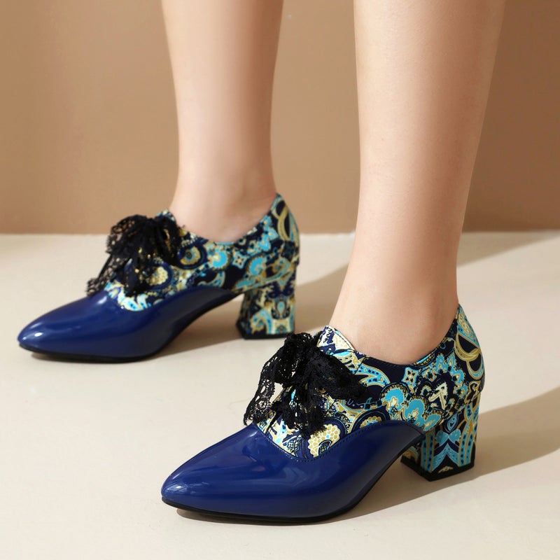 2024 Spring New High Heeled Ribbon 40-46 Thick Heeled One Lace Printed Single Shoes For Women - Image 3