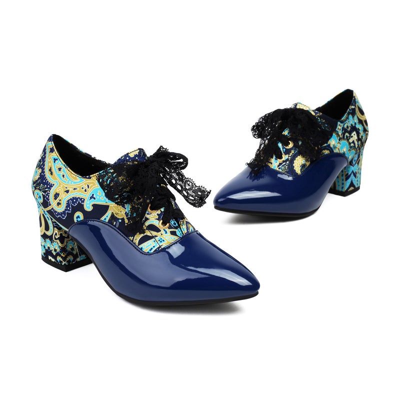 2024 Spring New High Heeled Ribbon 40-46 Thick Heeled One Lace Printed Single Shoes For Women - Image 1