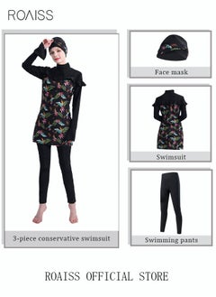 roaiss 3-Piece Women Swimsuit Set Conservative Floral Muslim Sun Protection Swimwear Swimming Trousers Cap Ladies Beachwear Skirt Bikini Dress Arab Clothing Black  - Image 2