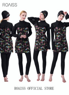 roaiss 3-Piece Women Swimsuit Set Conservative Floral Muslim Sun Protection Swimwear Swimming Trousers Cap Ladies Beachwear Skirt Bikini Dress Arab Clothing Black  - Image 5