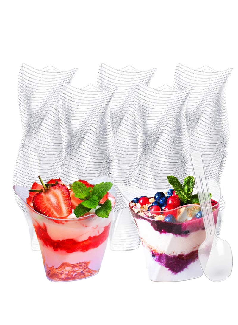SYOSI 50 Pcs Plastic Dessert Cups without Lids 4.5 oz Mini Clear Dessert Cups with Spoons Disposable Trifle Mousse Dessert Cup Triangular Parfait Appetizers Tumbler Pudding Fruit Serve Cup for Party - Image 1