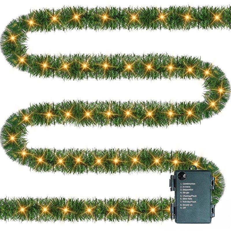 TW SHINE 30 FT PreLit Christmas Garland Decorations 100 LED Lighted Artificial Pine Garlands with 8 Modes Green Garland for Indoor Outdoor Door Home Stairs Holiday Decor Warm White