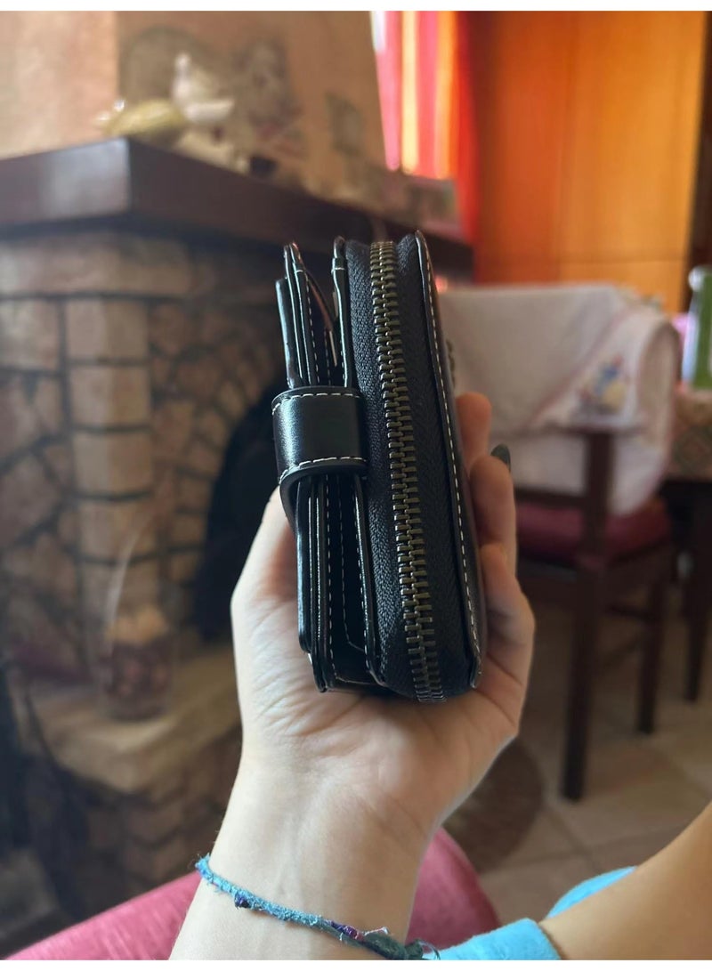 محفظة نسائية صغيرة قابلة للطي بسحاب لعملات معدنية، جلد PU أسود - Image 4