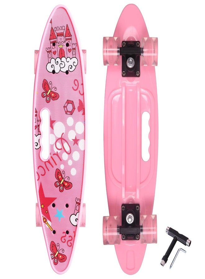Nattork 23.5 Inch Mini Cruiser Girls Skateboard with Portable Handle Classic Retro Plastic Complete Kids Skateboard for Boys Youths Beginners (Pink Castle) - Image 1