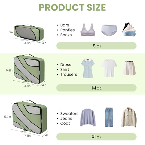 BAGAIL 6 Set Packing Cubes,Travel Luggage Packing Organizers (6Set MatchaGreen) - Image 2