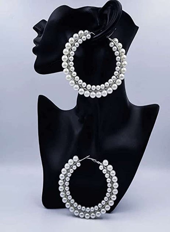 Shivarth Pearl Earrings Open Circle Hoop Big Earrings Long Tassel Earrings Fringe Thin Earring Stylish, Wear, White Party Earrings for Women Girls 1Pair - Image 3