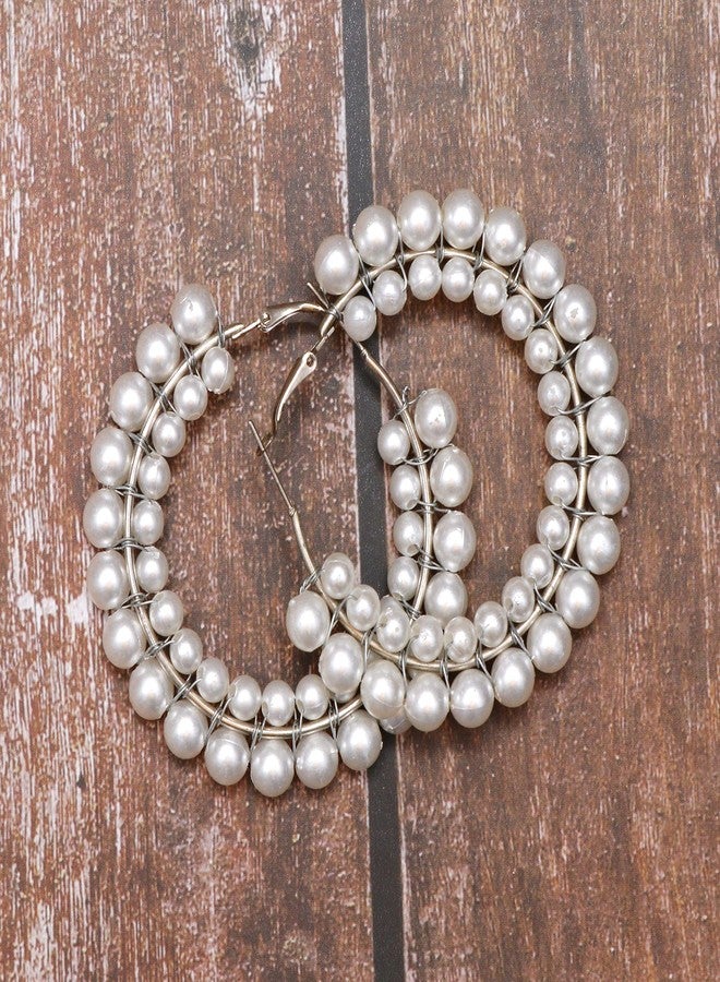 Shivarth Pearl Earrings Open Circle Hoop Big Earrings Long Tassel Earrings Fringe Thin Earring Stylish, Wear, White Party Earrings for Women Girls 1Pair - Image 2