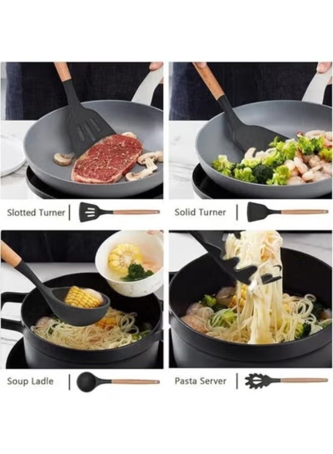 TIGER 12-Piece Silicone Kitchen Utensil Set with Wooden Handles | Heat-Resistant BPA-Free Cooking Tools | Spatula, Spoon, Turner, Ladle & More – Safe for Non-Stick Cookware - Image 5