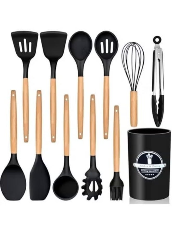TIGER 12-Piece Silicone Kitchen Utensil Set with Wooden Handles | Heat-Resistant BPA-Free Cooking Tools | Spatula, Spoon, Turner, Ladle & More – Safe for Non-Stick Cookware - Image 1