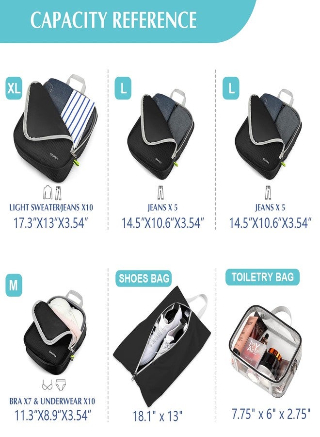 Gonex Compression Packing Cubes, Expandable Storage Travel Luggage Bags Organizers with Shoe Bag, Clear Toiletry Bag (Black) - Image 5