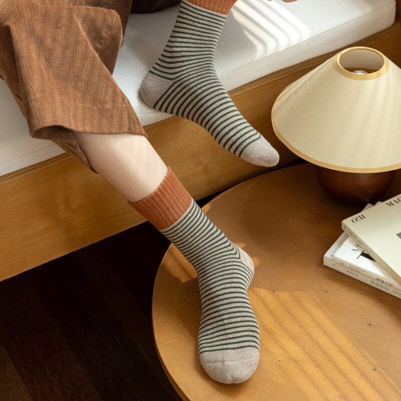 Knitted striped socks in autumn and winter, patchwork color - Image 3