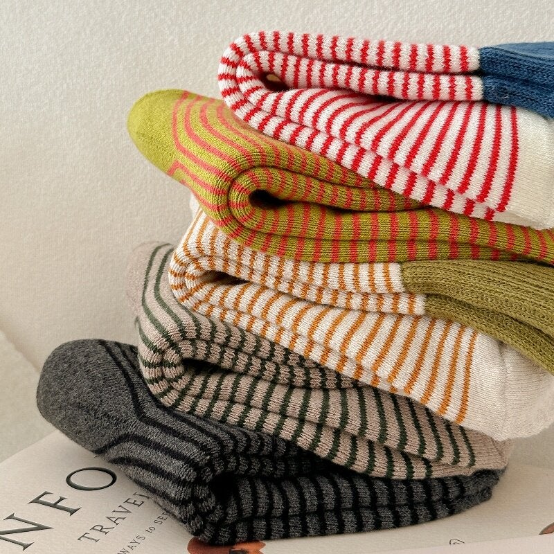 Knitted striped socks in autumn and winter, patchwork color - Image 2