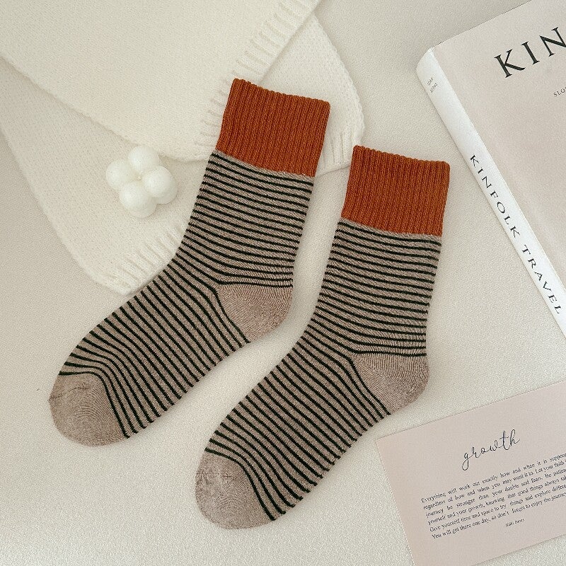 Knitted striped socks in autumn and winter, patchwork color - Image 1