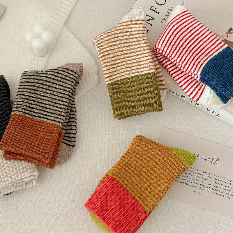 Knitted striped socks in autumn and winter, patchwork color - Image 5