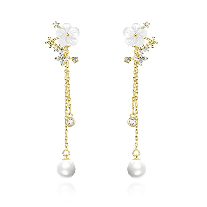 Zeffy Dangle Pearl Drop Earrings for Women Trendy Long Threader Chain Dainty Flower Wedding Earrings for Brides CZ Cute 14K Gold Statement Sparkly Jewelry - Image 1