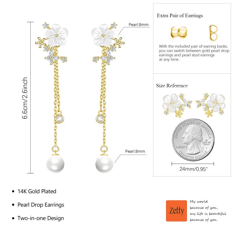 Zeffy Dangle Pearl Drop Earrings for Women Trendy Long Threader Chain Dainty Flower Wedding Earrings for Brides CZ Cute 14K Gold Statement Sparkly Jewelry - Image 5