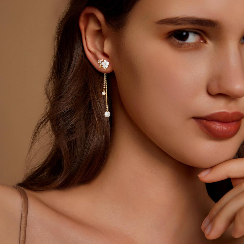 Zeffy Dangle Pearl Drop Earrings for Women Trendy Long Threader Chain Dainty Flower Wedding Earrings for Brides CZ Cute 14K Gold Statement Sparkly Jewelry - Image 4