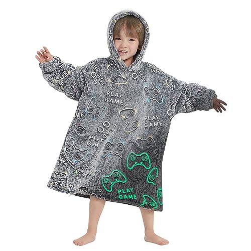 Fiosnow Glow in the Dark Game Controller Blanket Hoodies for Kids Toddler 2-6YR Oversize Wearable Blanket Hoodies for Boys Girls - Image 1