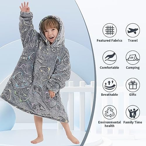Fiosnow Glow in the Dark Game Controller Blanket Hoodies for Kids Toddler 2-6YR Oversize Wearable Blanket Hoodies for Boys Girls - Image 3
