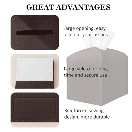 PARIERIS Tissue Box Cover Holder Square Tissue Cube Cover PU Leather Tissue Organizer with Bottom Belt for Bathroom, Tabletop, Car, Night Stands, Office, Home, Kitchen (1, CoffeeBrown) - Image 4