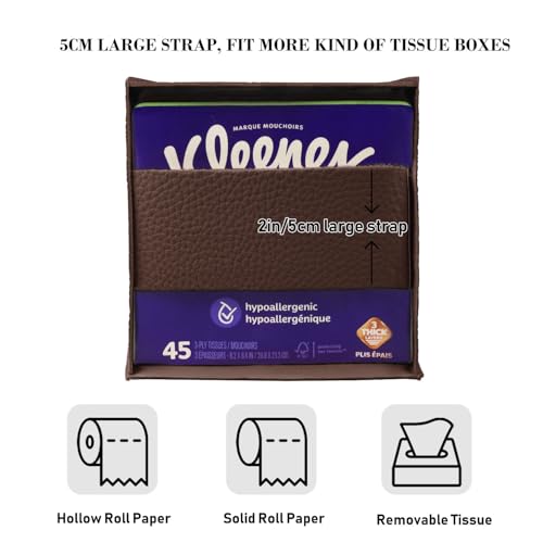 PARIERIS Tissue Box Cover Holder Square Tissue Cube Cover PU Leather Tissue Organizer with Bottom Belt for Bathroom, Tabletop, Car, Night Stands, Office, Home, Kitchen (1, CoffeeBrown) - Image 3