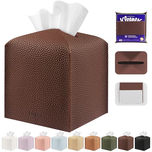 PARIERIS Tissue Box Cover Holder Square Tissue Cube Cover PU Leather Tissue Organizer with Bottom Belt for Bathroom, Tabletop, Car, Night Stands, Office, Home, Kitchen (1, CoffeeBrown) - Image 1