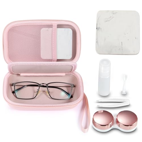 MUQING Portable Glasses and Contact Case 2 in 1, Travel Contact Cases Bag Box Holder, Included Built-in Mirror, Tweezer, Colored Lens Solution Bottle and Hand Strap(Pink) - Image 1